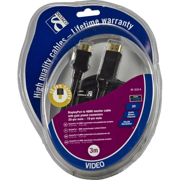 Deltaco DisplayPort &ndash; HDMI - cable, 3 m, Black