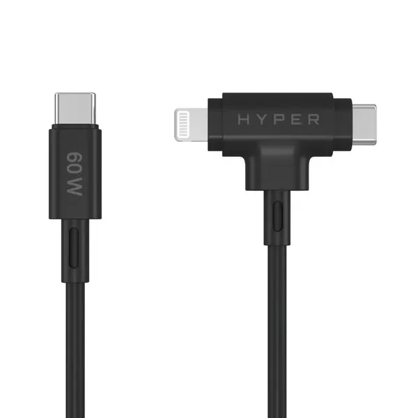 HYPER HyperJuice Silicone USB-C to USB-C and Lightning Hybrid 60W Cable - Black