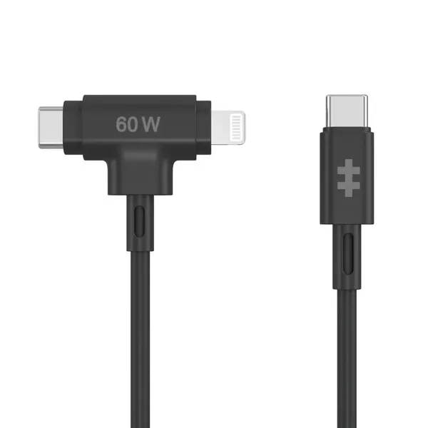 HYPER HyperJuice Silicone USB-C to USB-C and Lightning Hybrid 60W Cable - Black