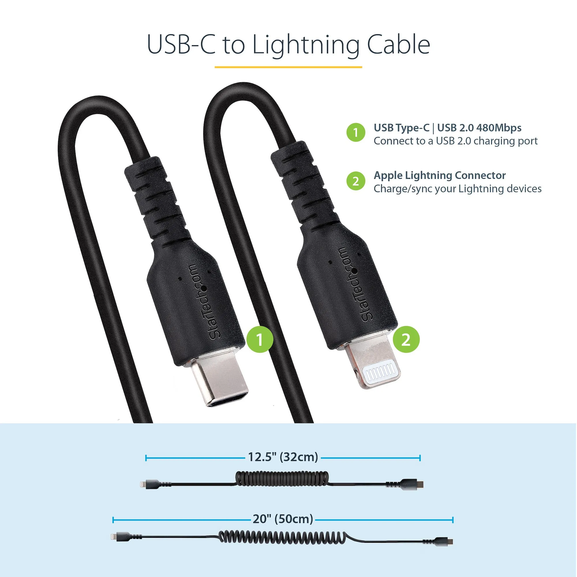 USB C TO LIGHTNING CABLE - 50CM - (20IN) COILED CABLE BLACK