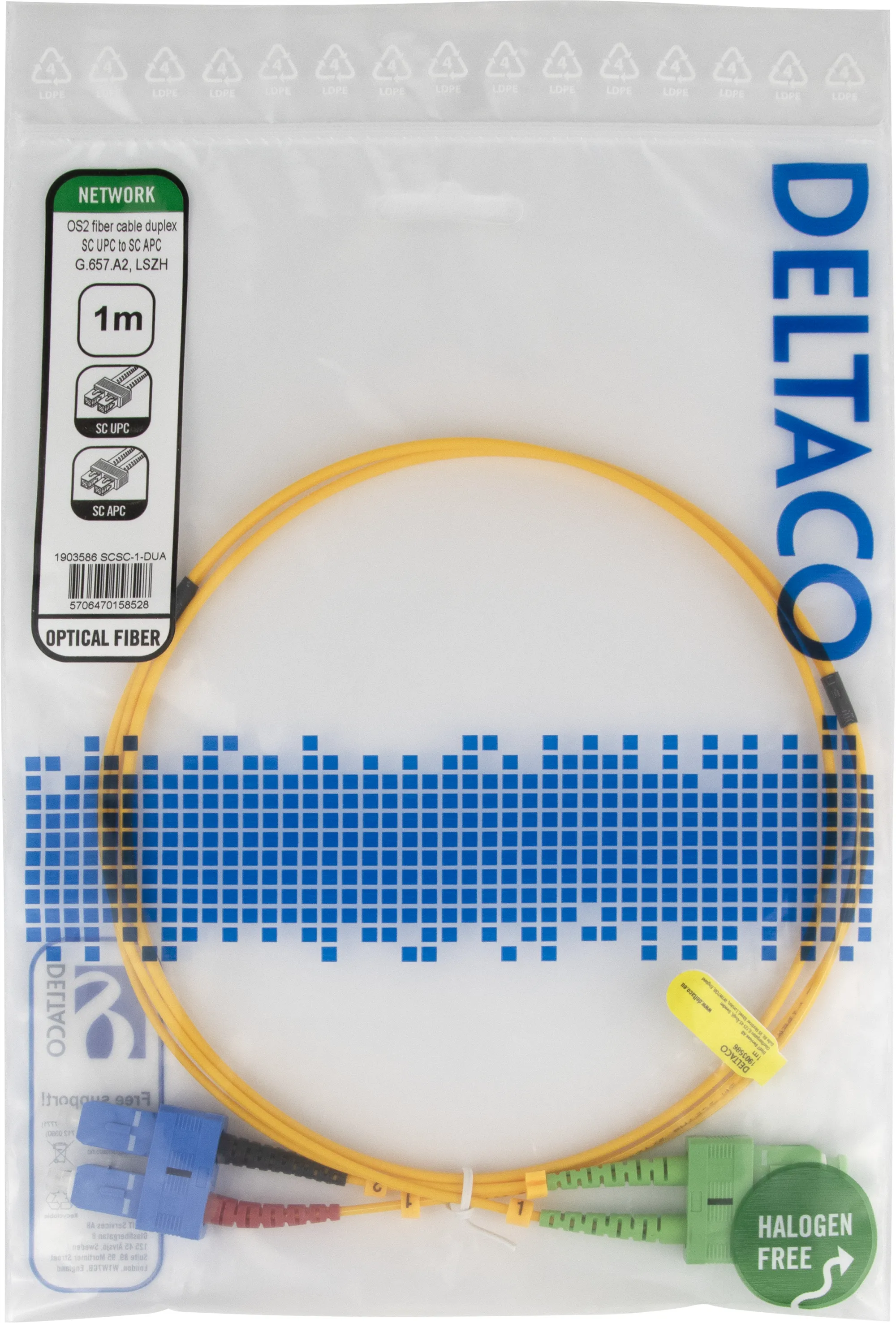 Deltaco OS2 LSZH SC-SC 1m Fiber Optic Cable, Yellow