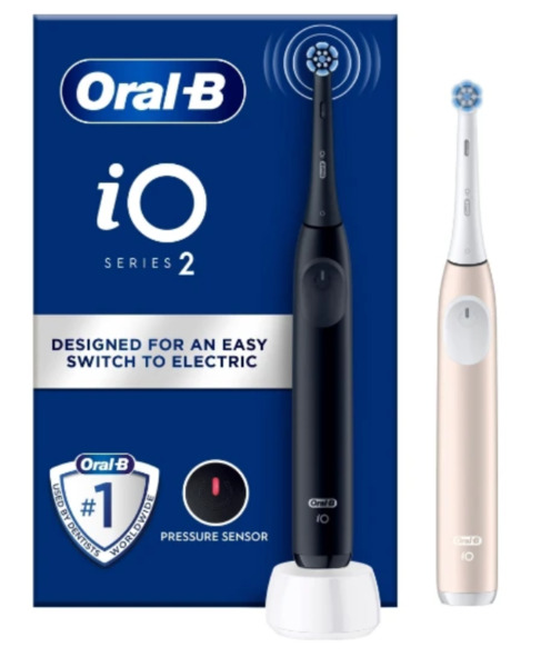 Oral-B iO2 Duo -s&auml;hk&ouml;hammasharjasetti (Y&ouml;nmusta &amp; Rauhallinen vaaleanpunainen)