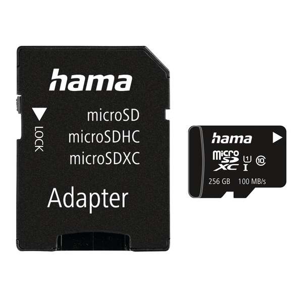 Hama 256 GB MicroSDXC UHS-I U1 V10 Class 10 kort + SD-adapter, svart