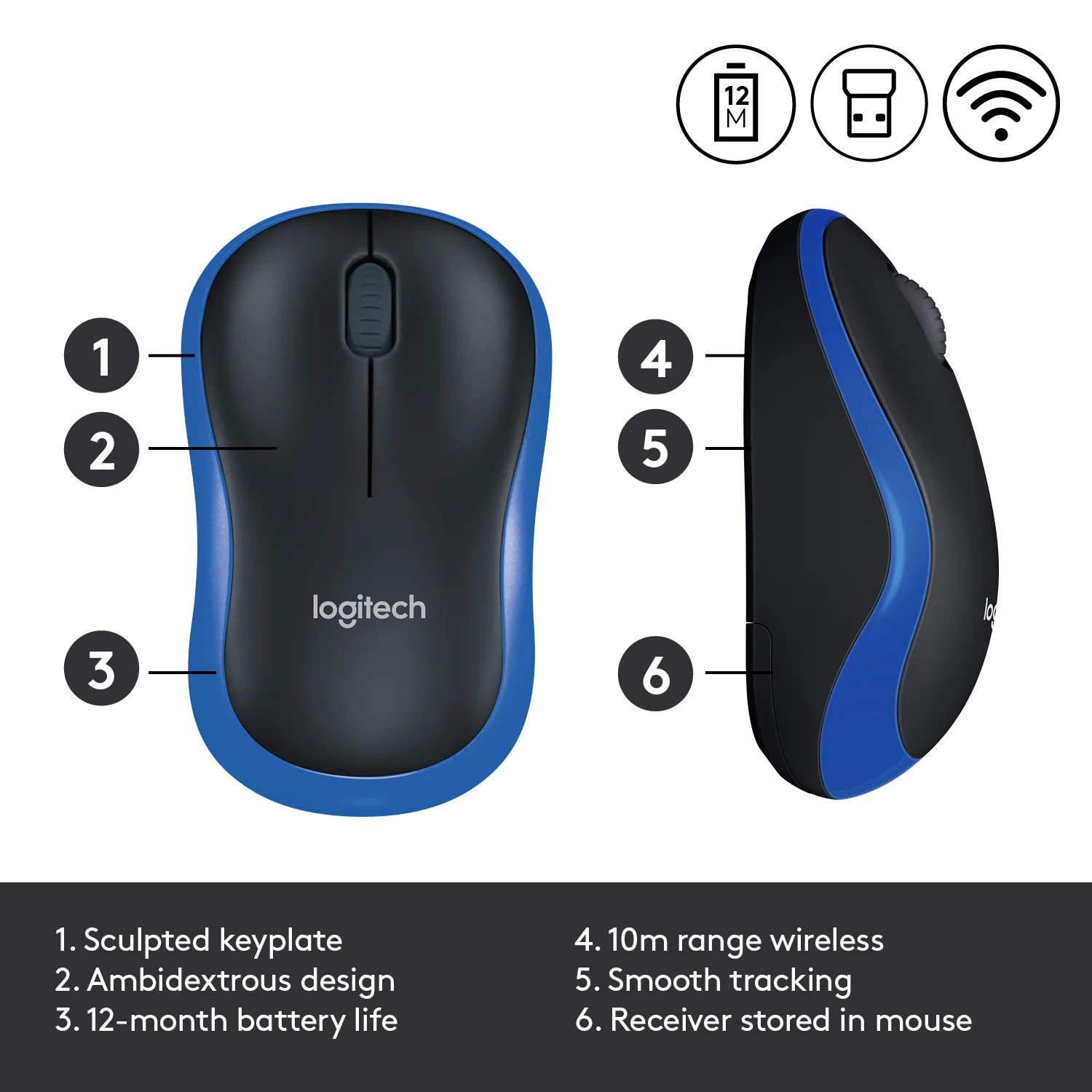 Logitech M185 -langaton hiiri, Musta/Sininen
