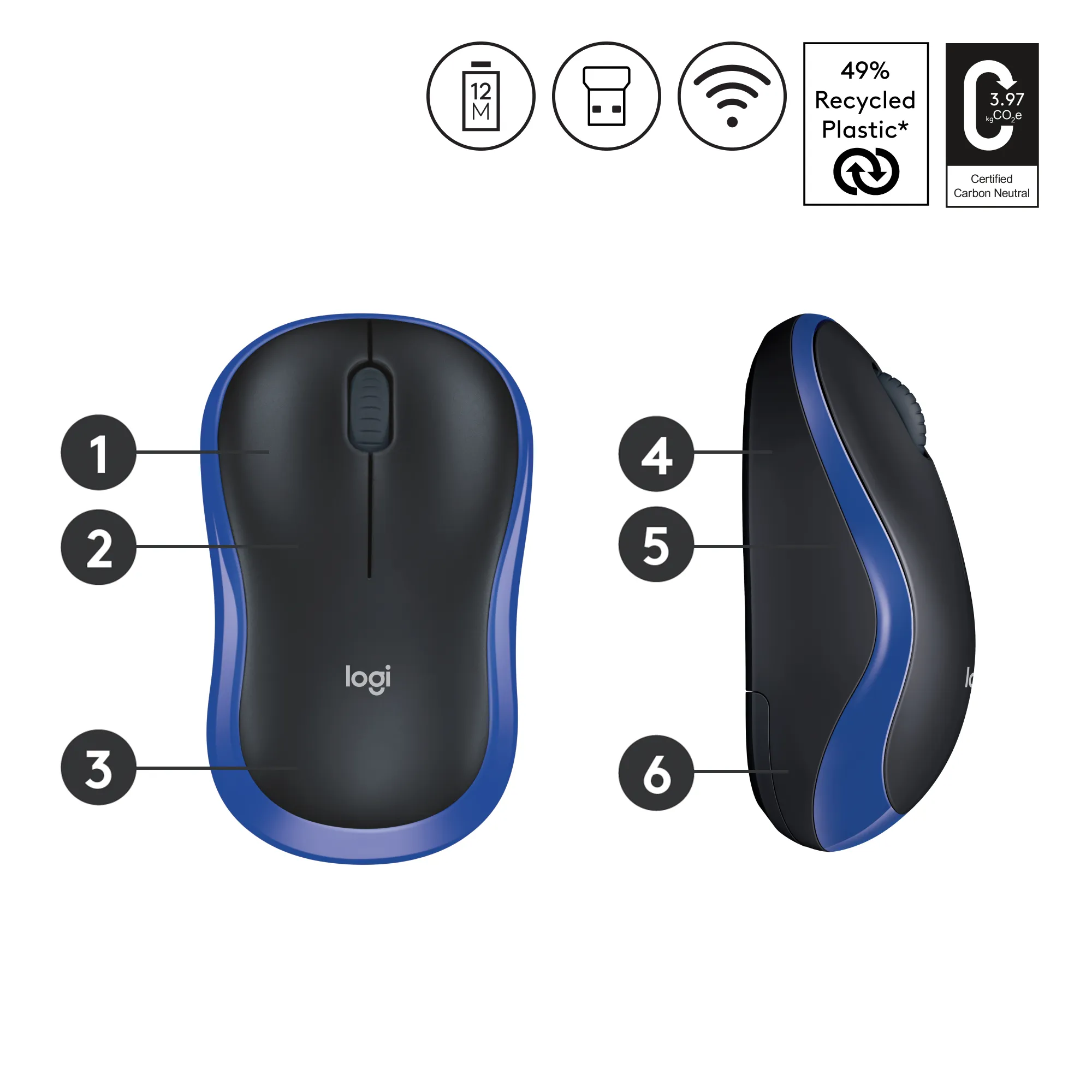 Logitech M185 -langaton hiiri, Musta/Sininen