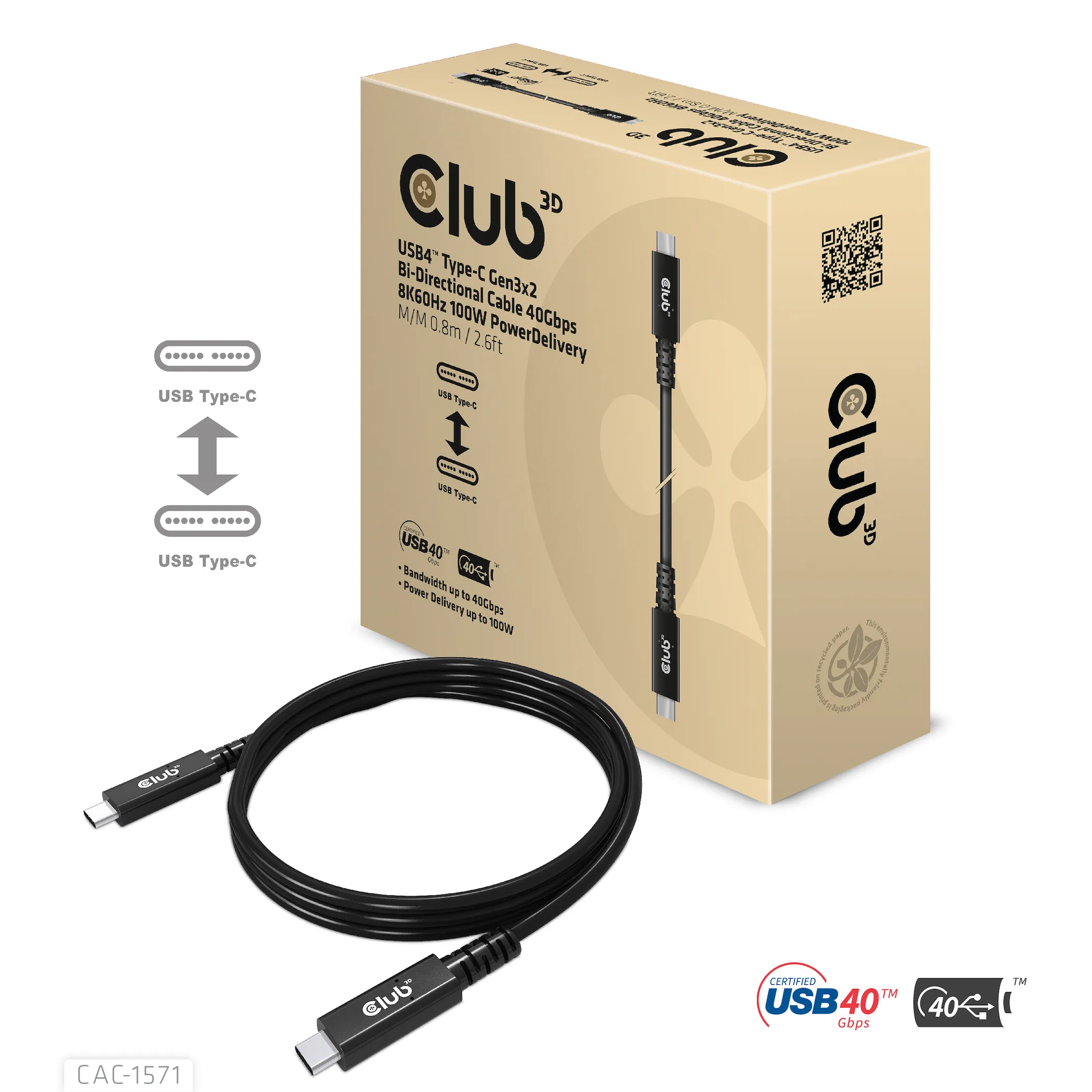 CLUB 3D USB4 C M-M 40Gbps cable 0.8m