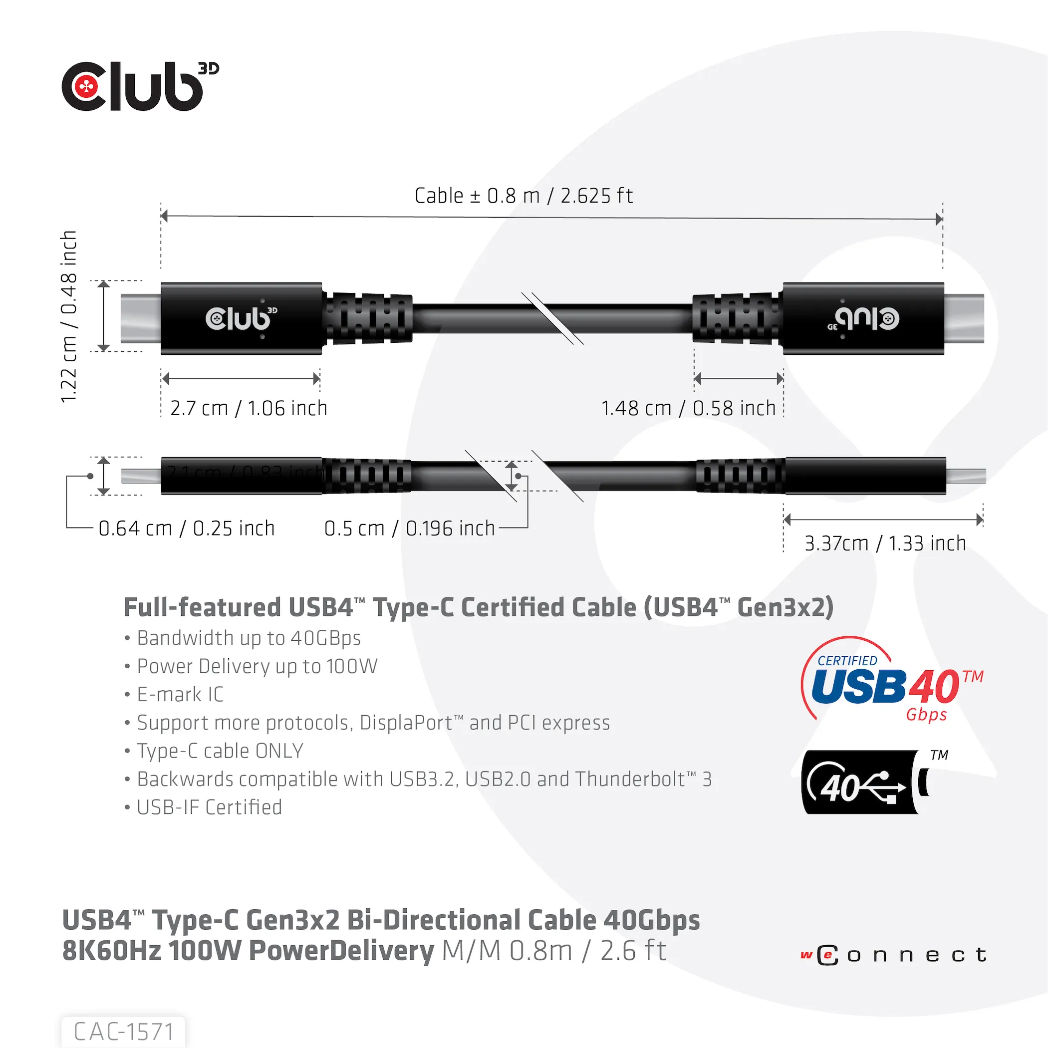 CLUB 3D USB4 C M-M 40Gbps cable 0.8m