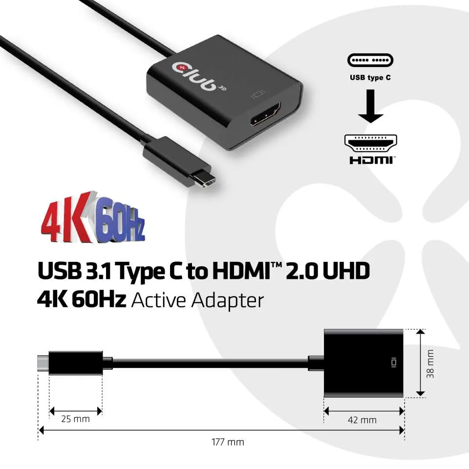 Club 3D CAC-2504 - Aktiv USB-C till HDMI 2.0b 4K 60 Hz videoadapter, svart