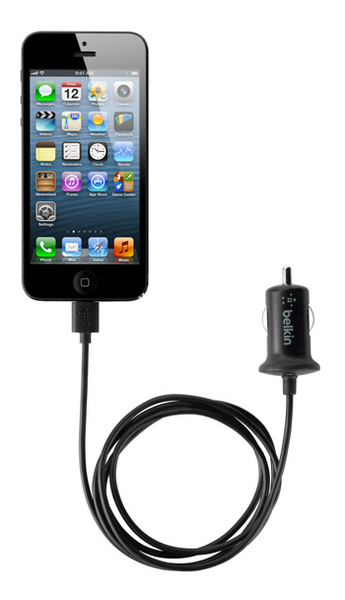 Belkin Car Charger - Verkkosovitin - auto - 10 watt - 2.1 A (Lightning) - musta malleihin Apple iPad mini, iPad with Retina display (4. sukupolvi), iPhone 5