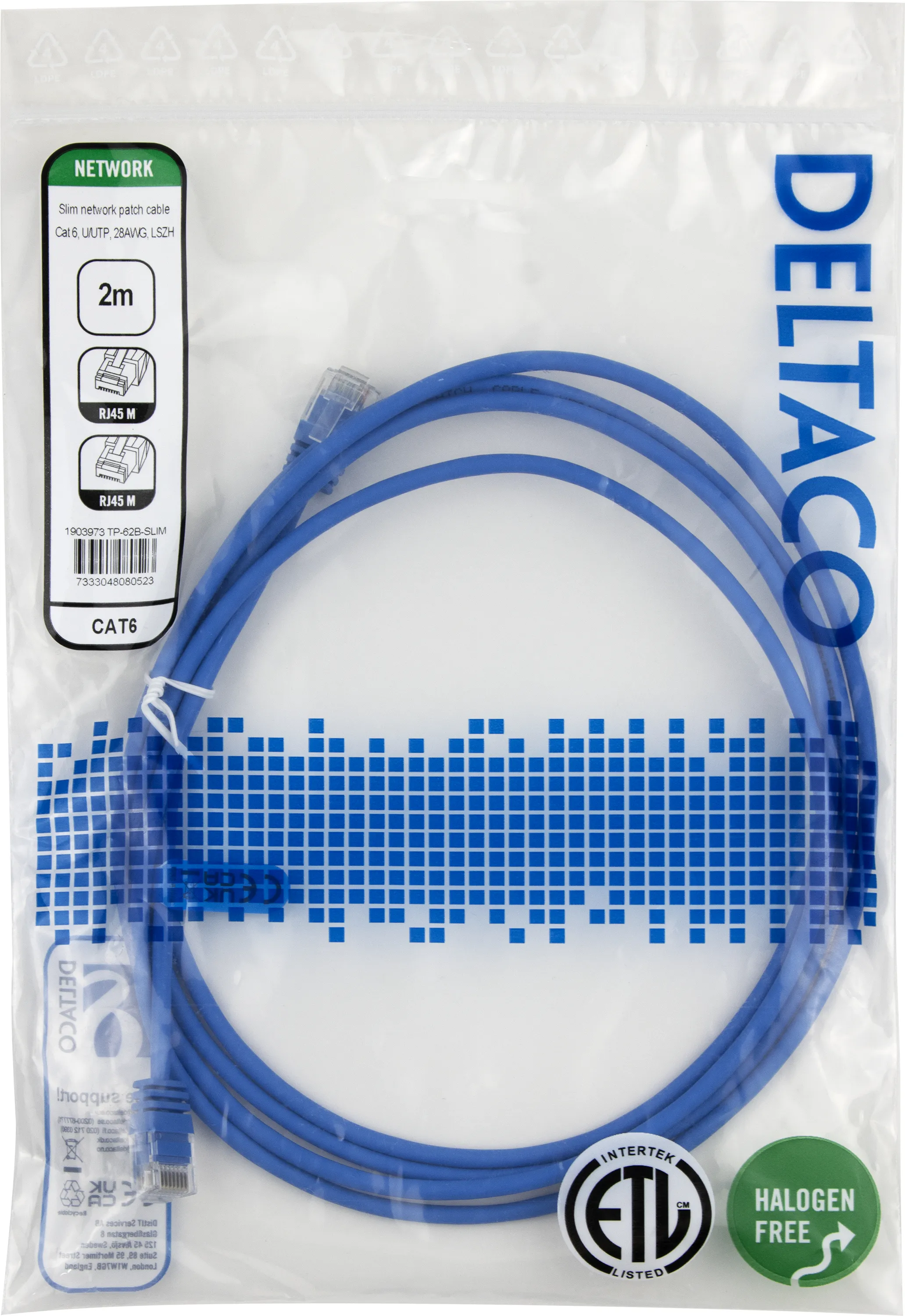 Deltaco Cat6 UTP RJ45 2m -verkkokaapeli, sininen