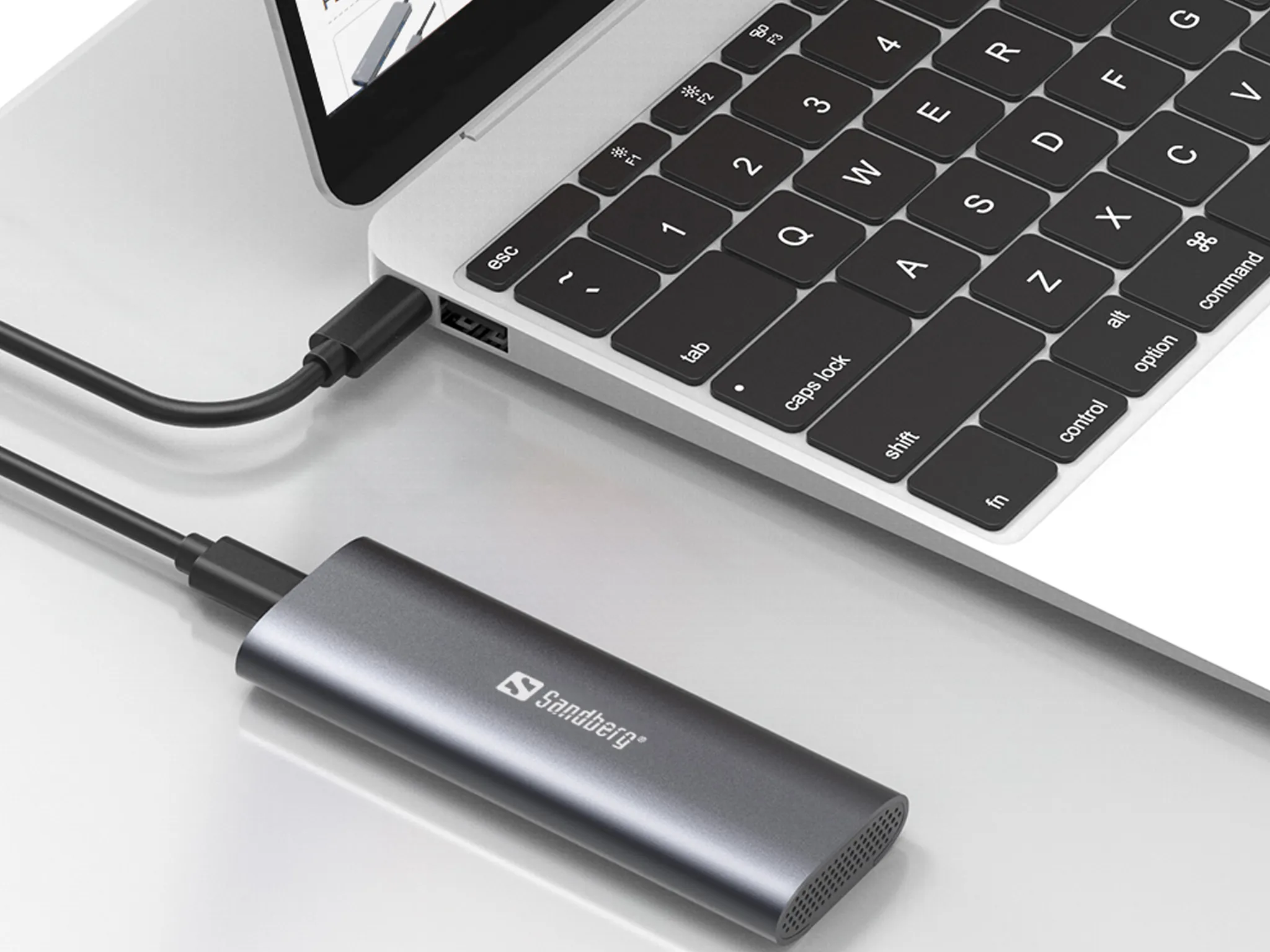 SANDBERG 136-39 M.2 NVMe SSD -kotelo, USB-C, USB 3.2 Gen 2, ty&ouml;kaluton, musta