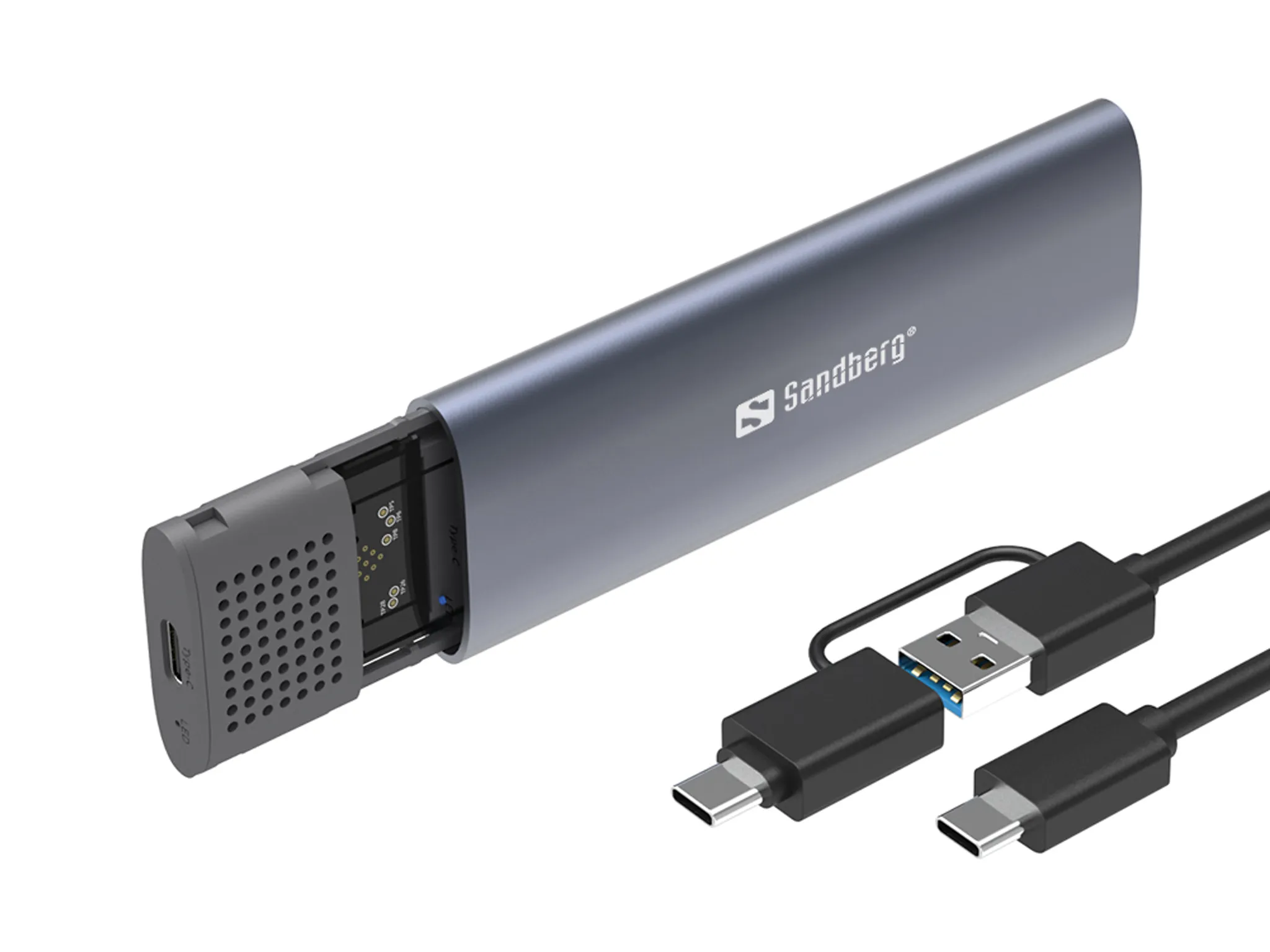 SANDBERG 136-39 M.2 NVMe SSD -kotelo, USB-C, USB 3.2 Gen 2, ty&ouml;kaluton, musta