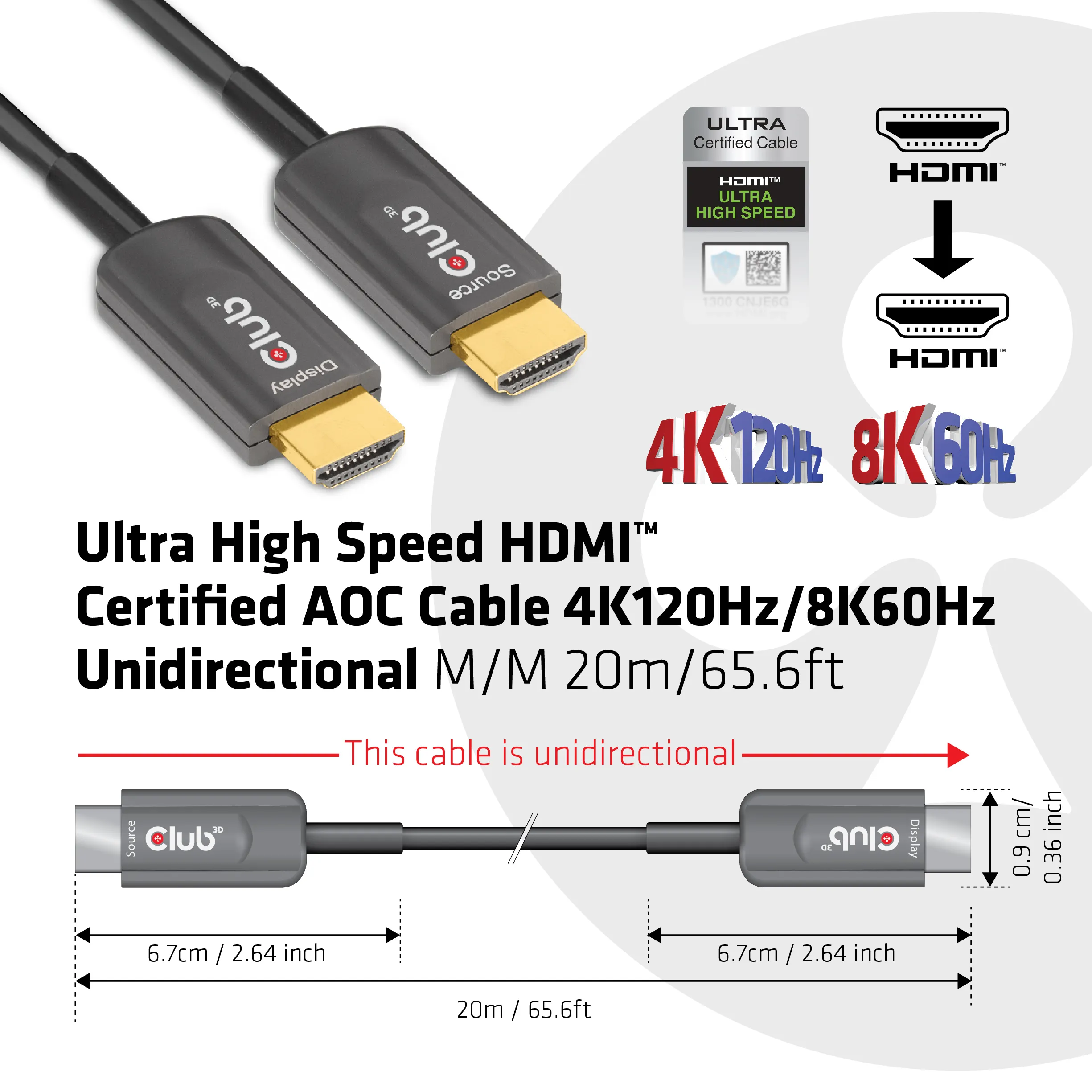 Club 3D  HDMI – HDMI 2,1 - kabel, 20 m, Svart