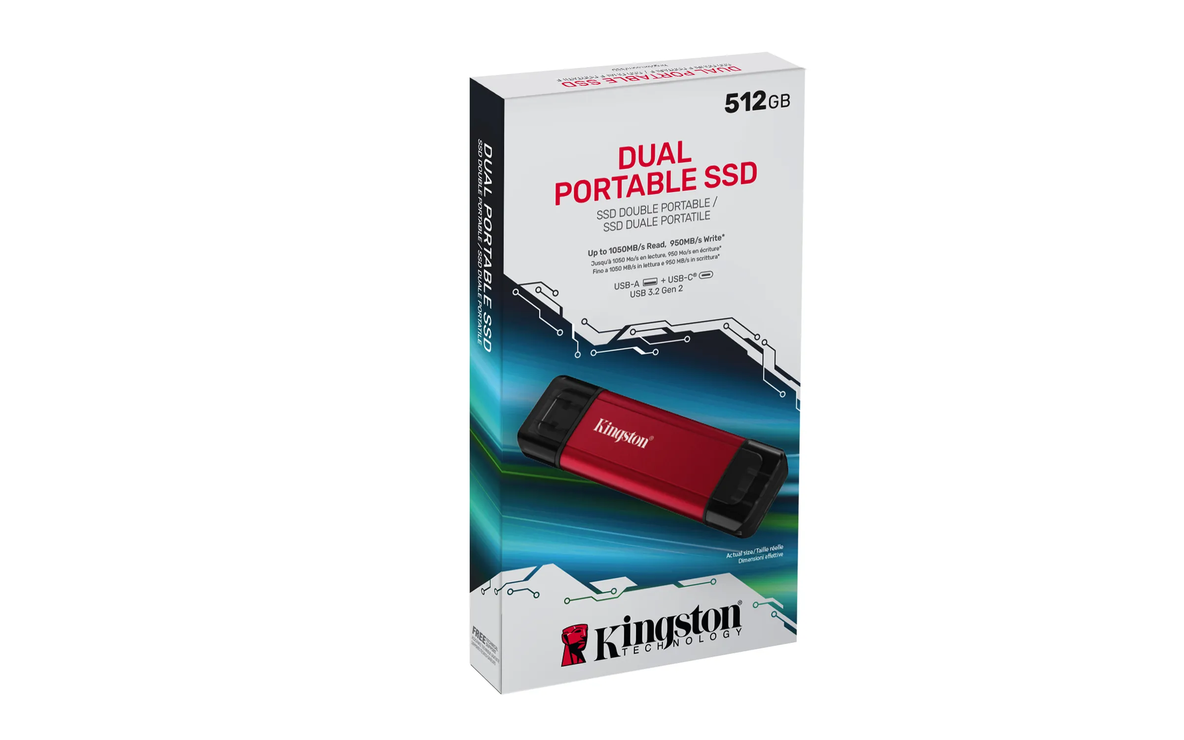 Kingston Dual Portable 512 GB extern SSD med USB-C/USB-A, robust, svart/röd