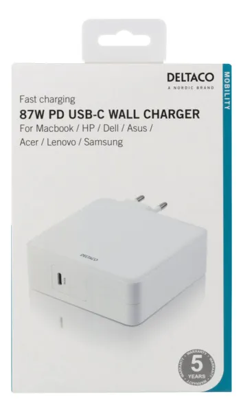 Deltaco PD 87W USB-C - snabbladdning, Vit