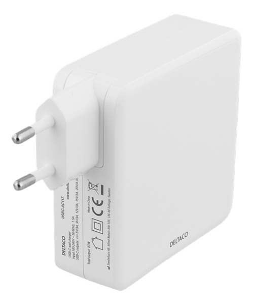 DELTACO 87W USB-C N&auml;tadapter, snabbladdning, USB-C PD, vit