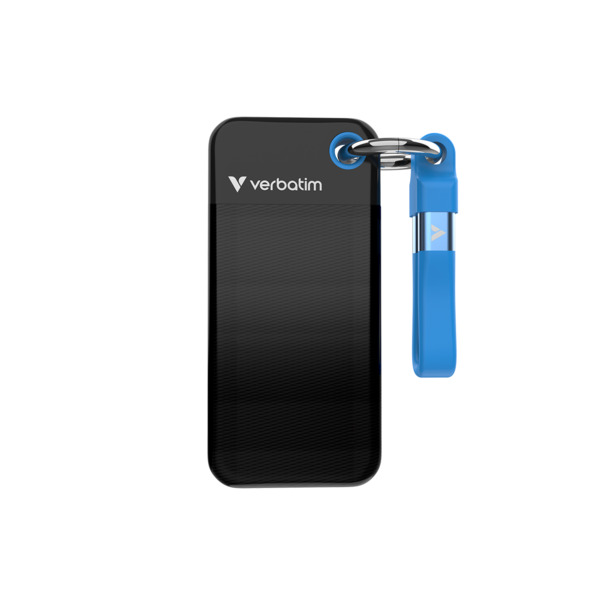 Verbatim Pocket SSD 2 Tt USB 3.2 Gen 2 (USB-C) -ulkoinen SSD, kannettava, iskunkest&auml;v&auml;, musta/sininen