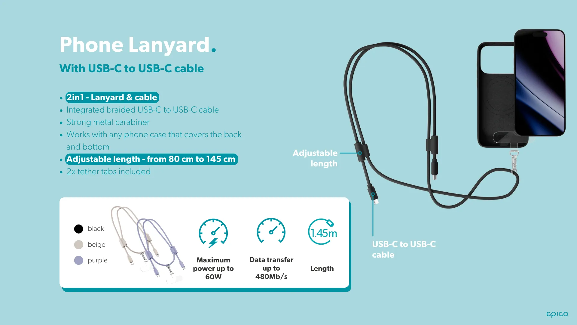 Epico Phone Lanyard USB-C cable, 60W, 1.45 m, Purple, 2 pcs