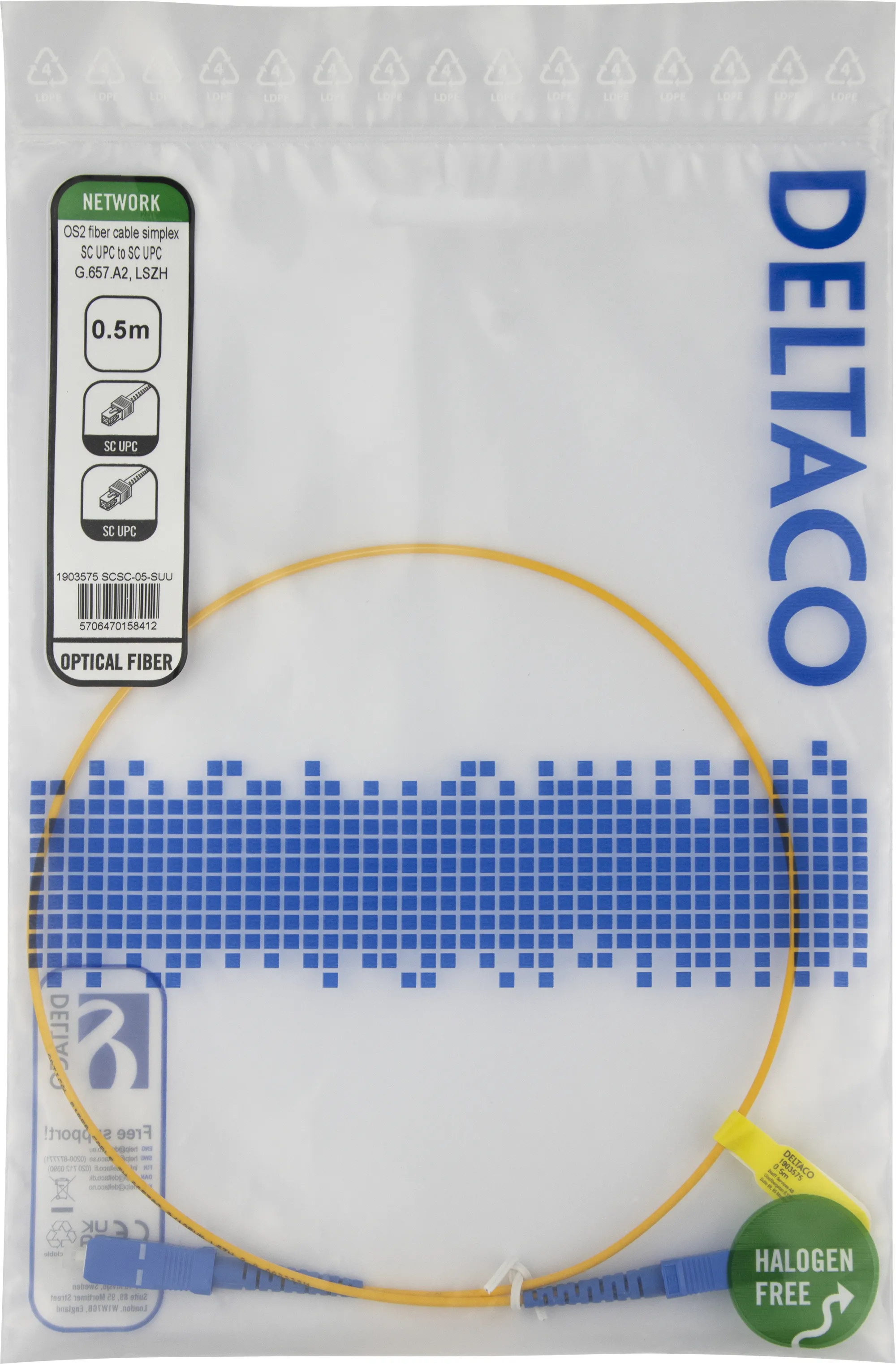 Deltaco OS2 LSZH SC-SC 0.5m -valokuitukaapeli, keltainen