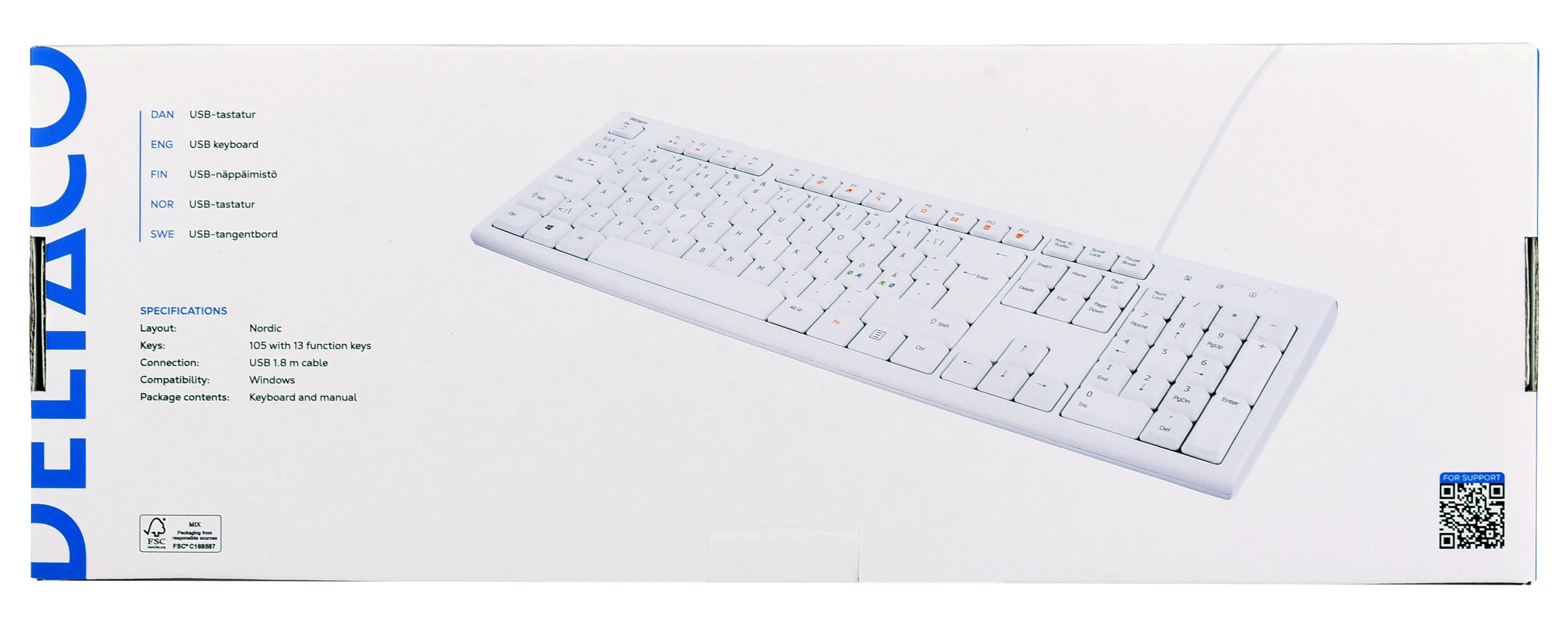 DELTACOnäppäimistö, pohjoismainen layout, USB 1,1m kaapeli, valkoinen