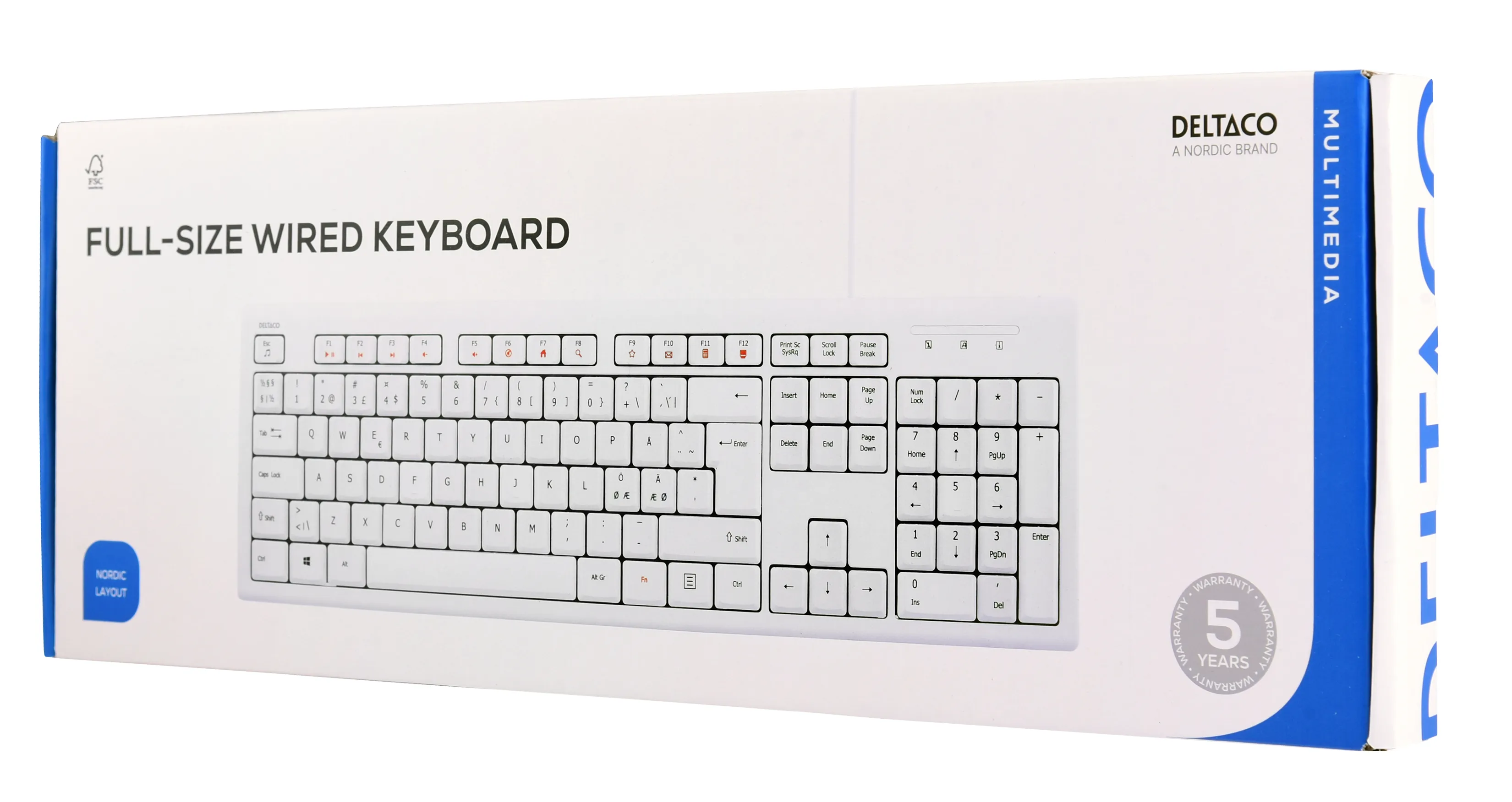 DELTACOn&auml;pp&auml;imist&ouml;, pohjoismainen layout, USB 1,1m kaapeli, valkoinen
