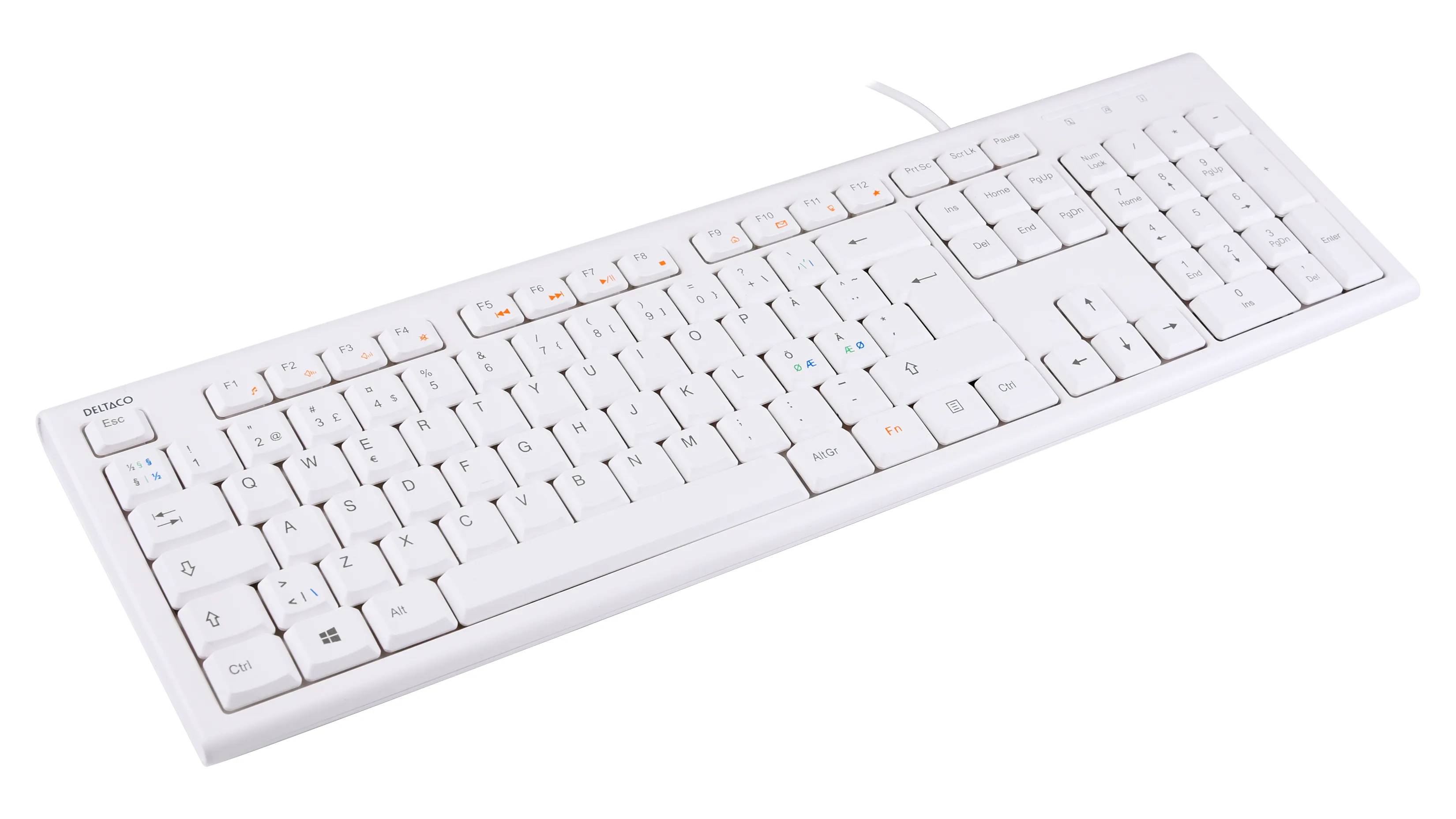 DELTACOn&auml;pp&auml;imist&ouml;, pohjoismainen layout, USB 1,1m kaapeli, valkoinen