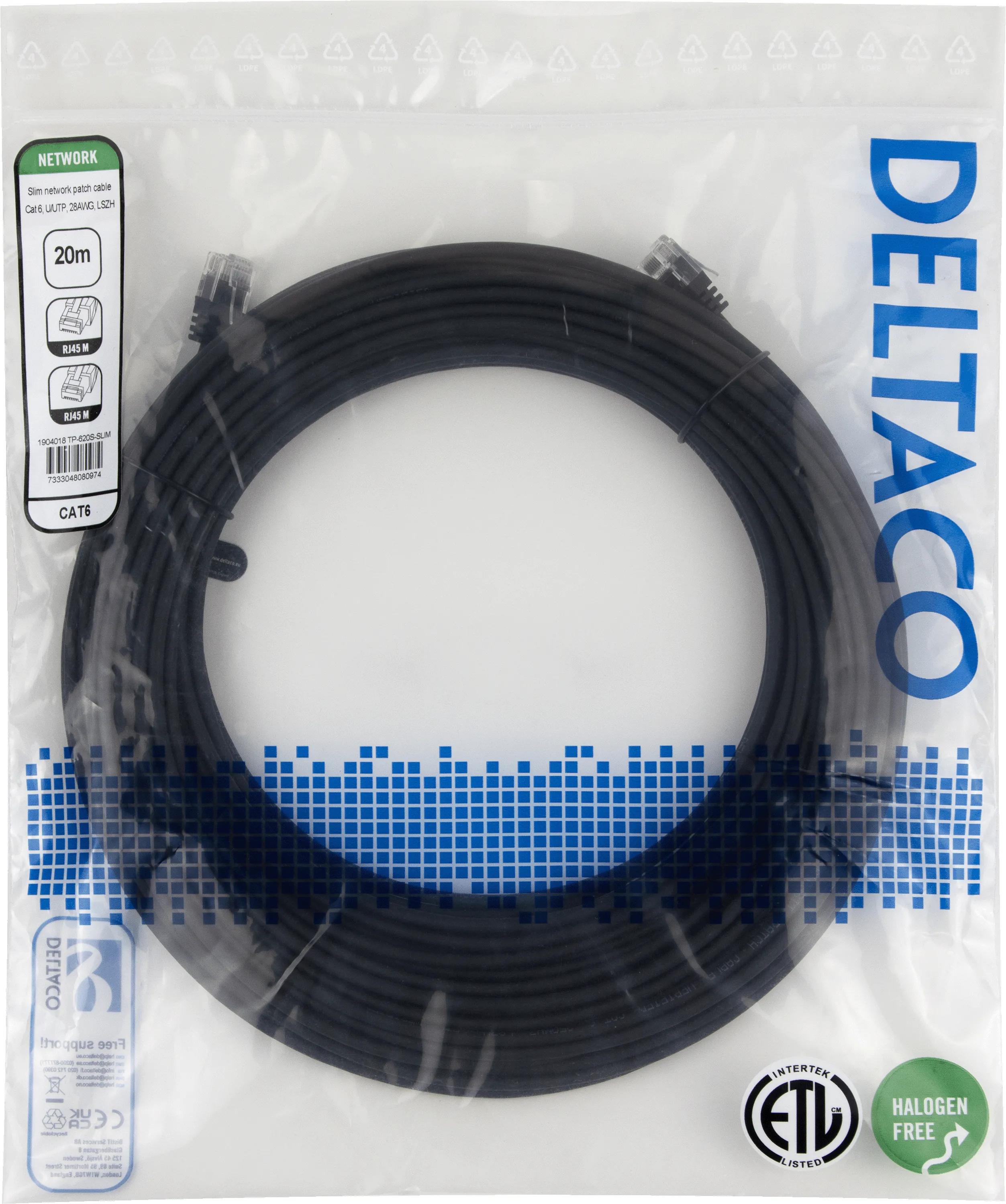Deltaco Cat6 UTP RJ45 20m -verkkokaapeli, musta