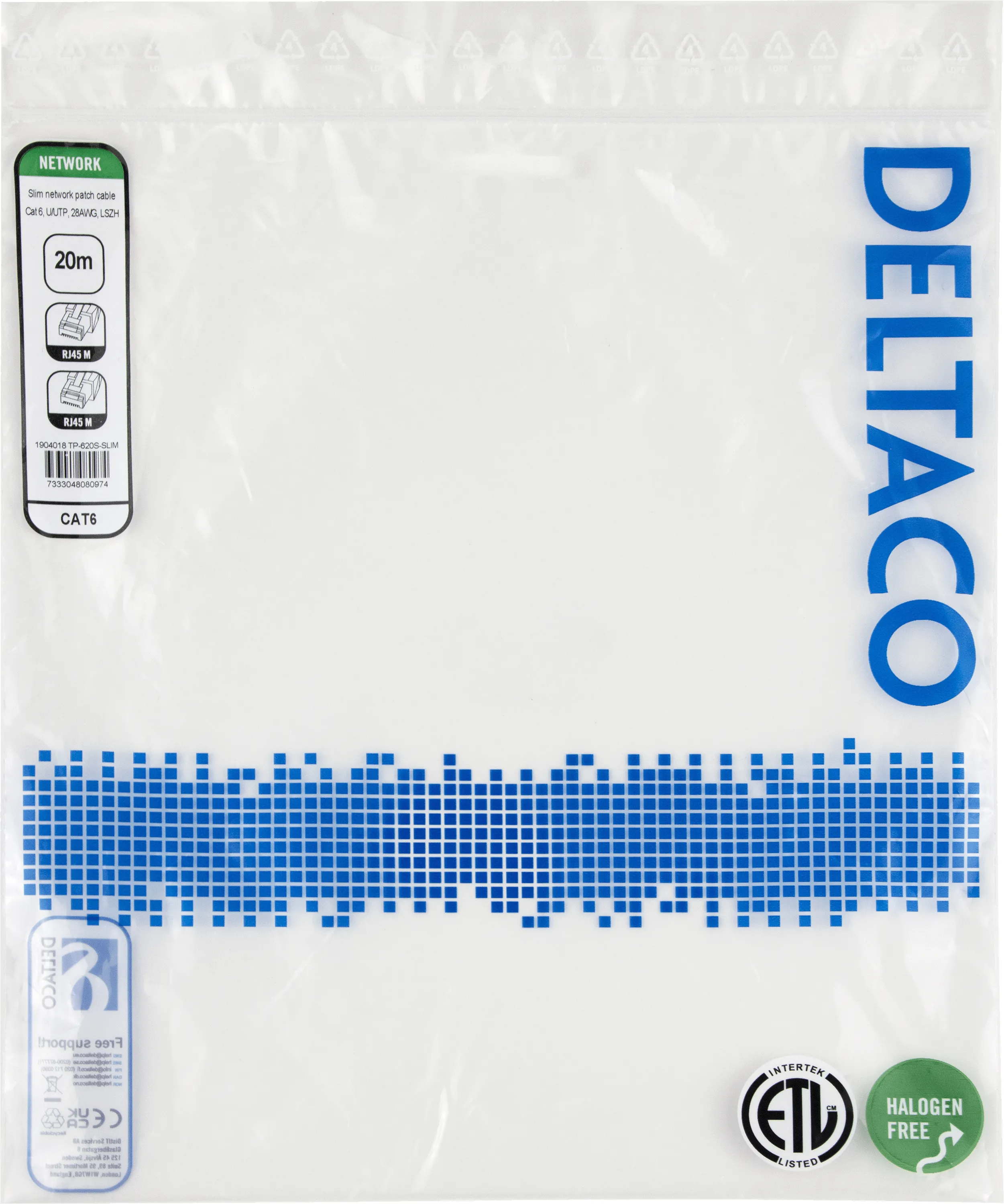 Deltaco Cat6 UTP RJ45 20m -verkkokaapeli, musta
