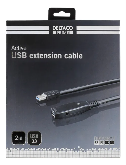 Deltaco Active USB-A 3.0 -jatkokaapeli, 2 m, Musta