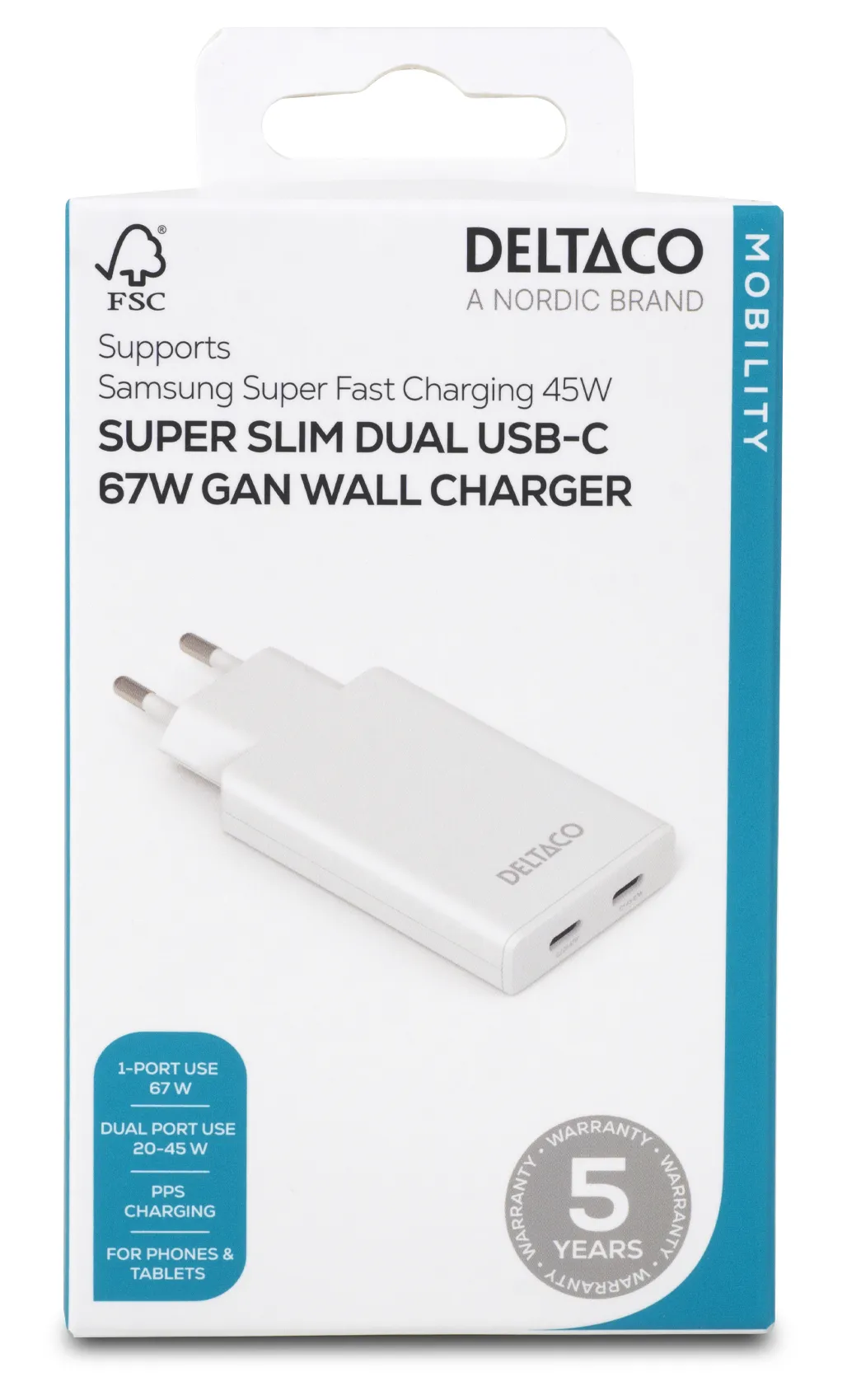 DELTACO USBC-AC201 - Sein&auml;laturi 2x USB-C 67W, valkoinen