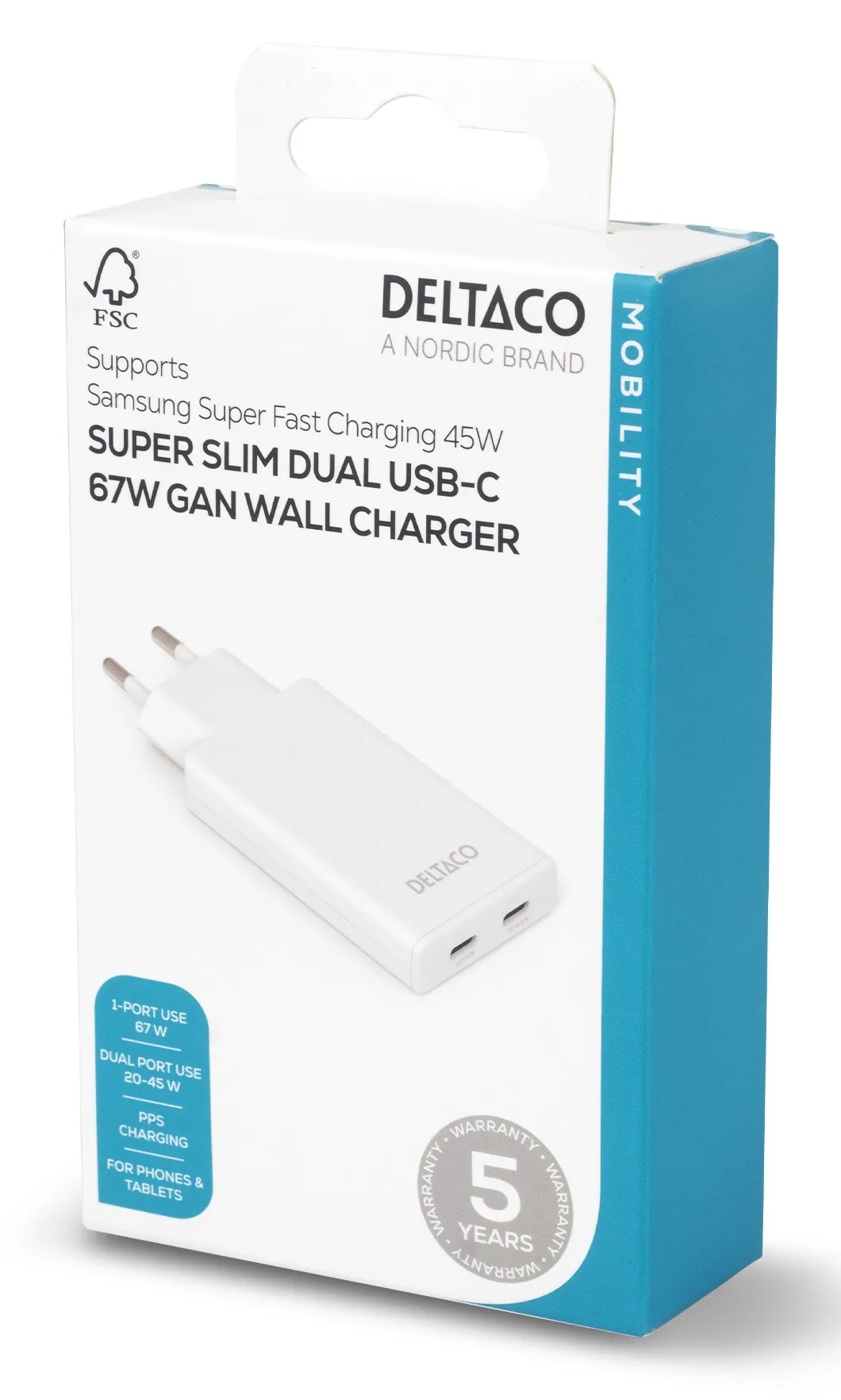 DELTACO USBC-AC201 - Sein&auml;laturi 2x USB-C 67W, valkoinen