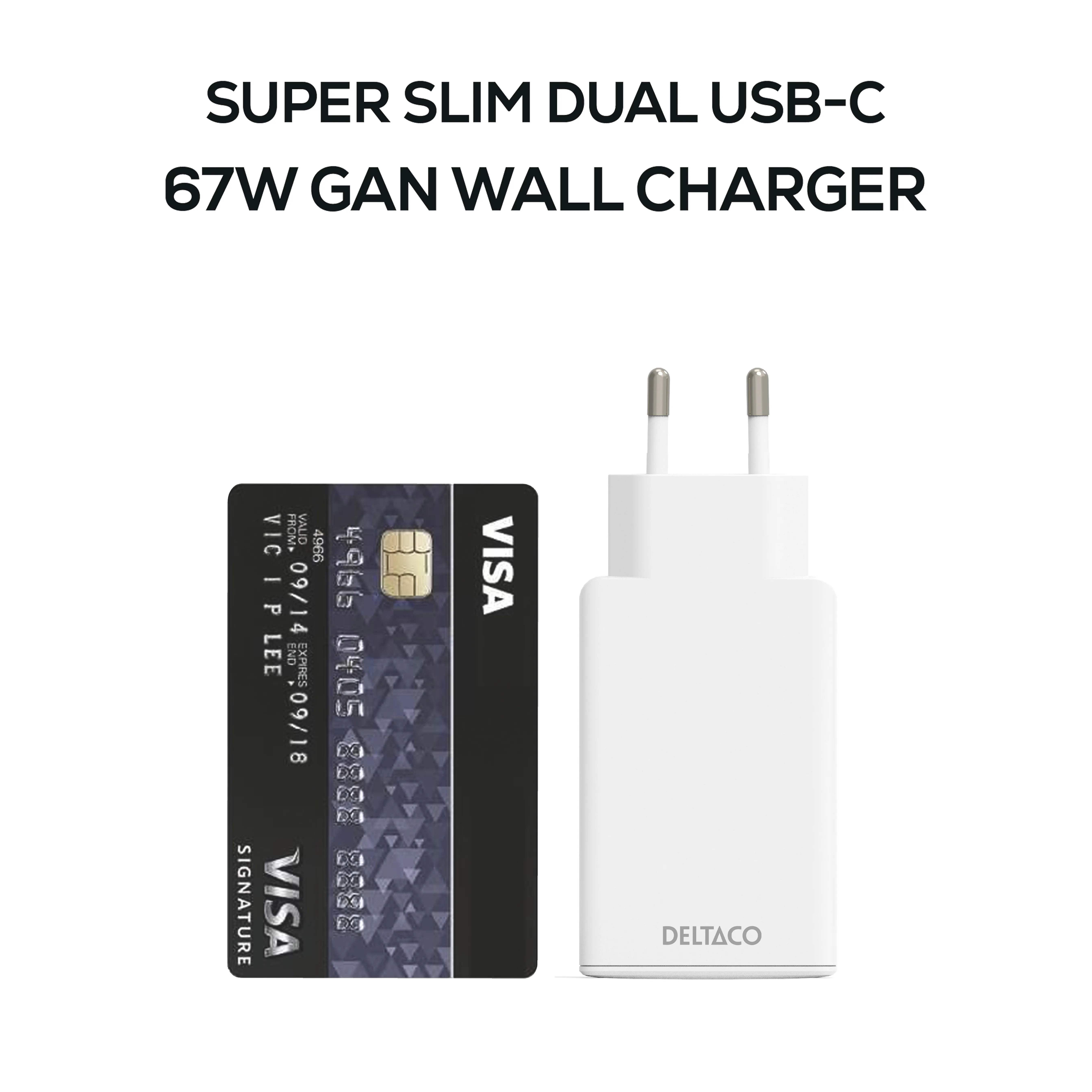 DELTACO USBC-AC201 - Sein&auml;laturi 2x USB-C 67W, valkoinen
