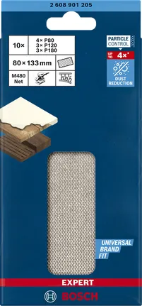 Bosch Expert M480 net structure sanding sheet set 80 x 133mm, K80 / 120 / 180 (10 pieces, for orbital sanders)