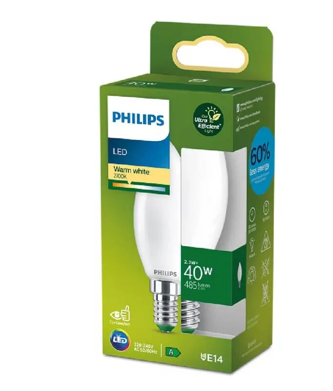 Philips LED-kronljus B35 E14 2,3W (40W) 485lm 2700K Dimbar Matt