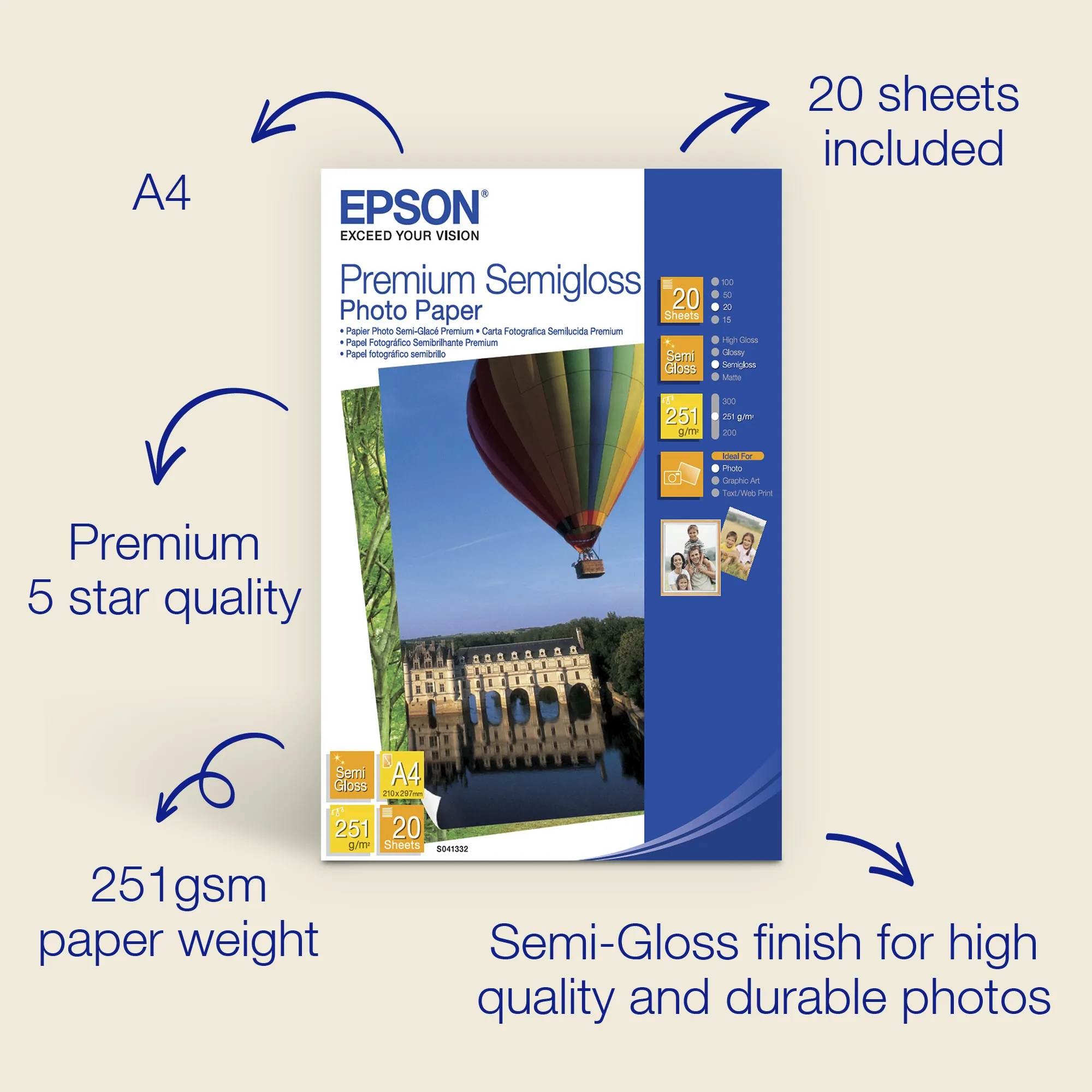 EPSON SEMIGLOSS PHOTO PAPER, A4,251G, 20