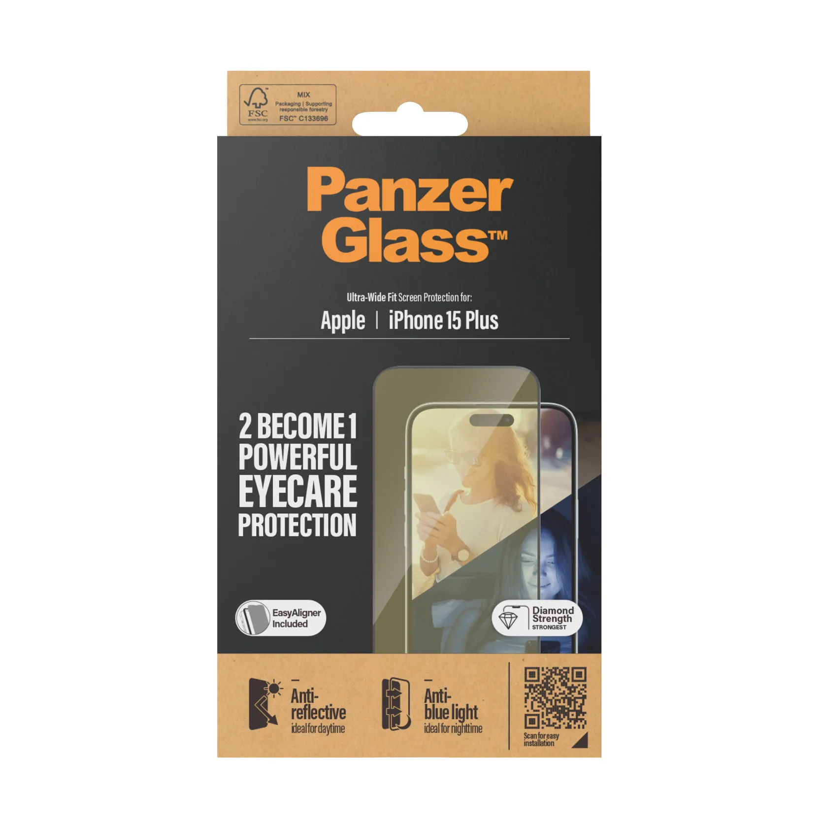 PanzerGlass Ultra-Wide Fit iPhone 15 Plus -panssarilasi, Anti Blue-Light, Anti-Reflective