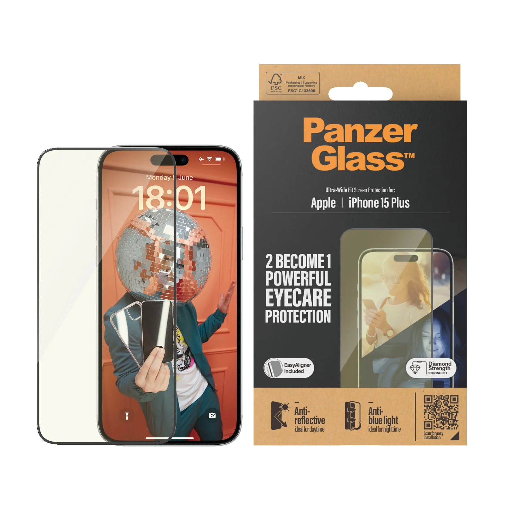 PanzerGlass Ultra-Wide Fit iPhone 15 Plus -panssarilasi, Anti Blue-Light, Anti-Reflective