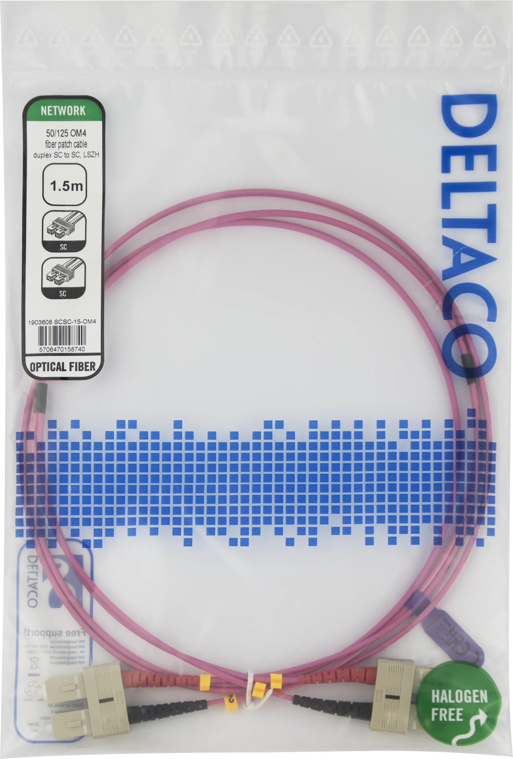 Deltaco OM4 LSZH SC-SC 1.5m Fiber Optic Cable, Pink