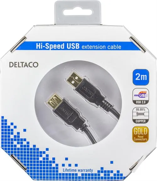 Deltaco USB-A - extension cable, 2 m, Black