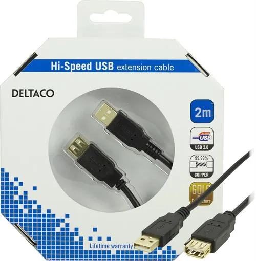 Deltaco USB-A - extension cable, 2 m, Black