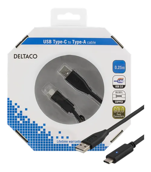 Deltaco PD USB-A &ndash; USB-C 2.0 - cable, 0.25 m, Black