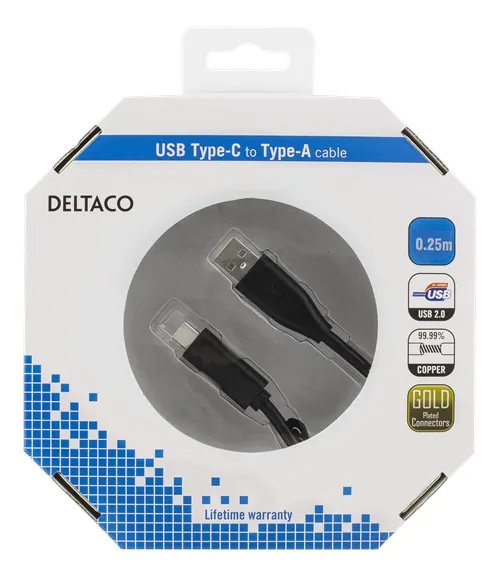 Deltaco PD USB-A &ndash; USB-C 2.0 - cable, 0.25 m, Black