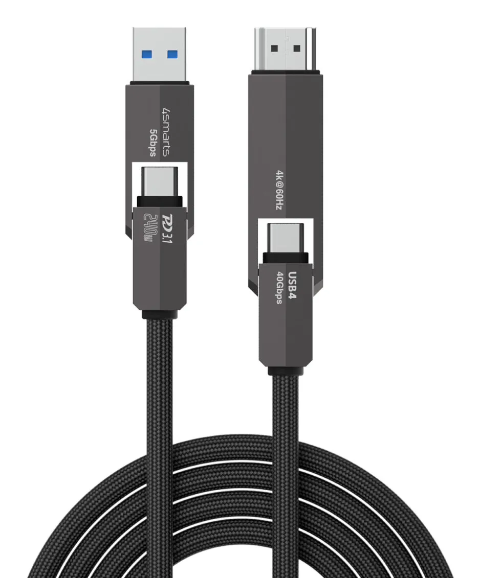 4SMARTS ComboCord USB4 USB-C-kaapeli, jossa 240 W, 1,5 m, musta