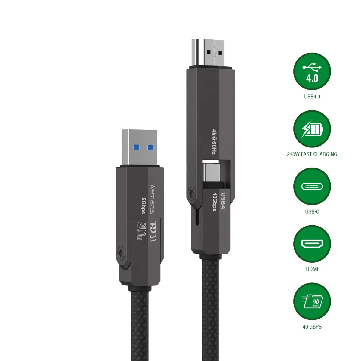 4SMARTS ComboCord USB4 USB-C-kaapeli, jossa 240 W, 1,5 m, musta
