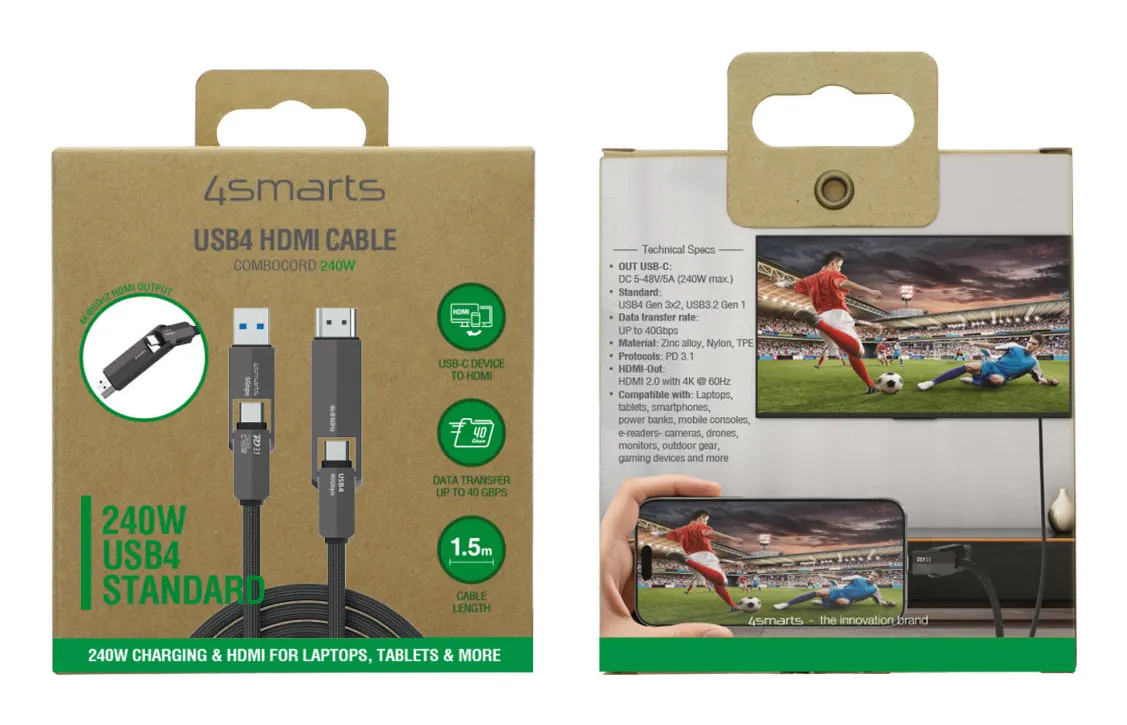 4SMARTS ComboCord USB4 USB-C-kaapeli, jossa 240 W, 1,5 m, musta
