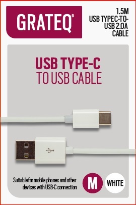 Grateq USB-A - USB-C -kaapeli, 1.5m, Valkoinen