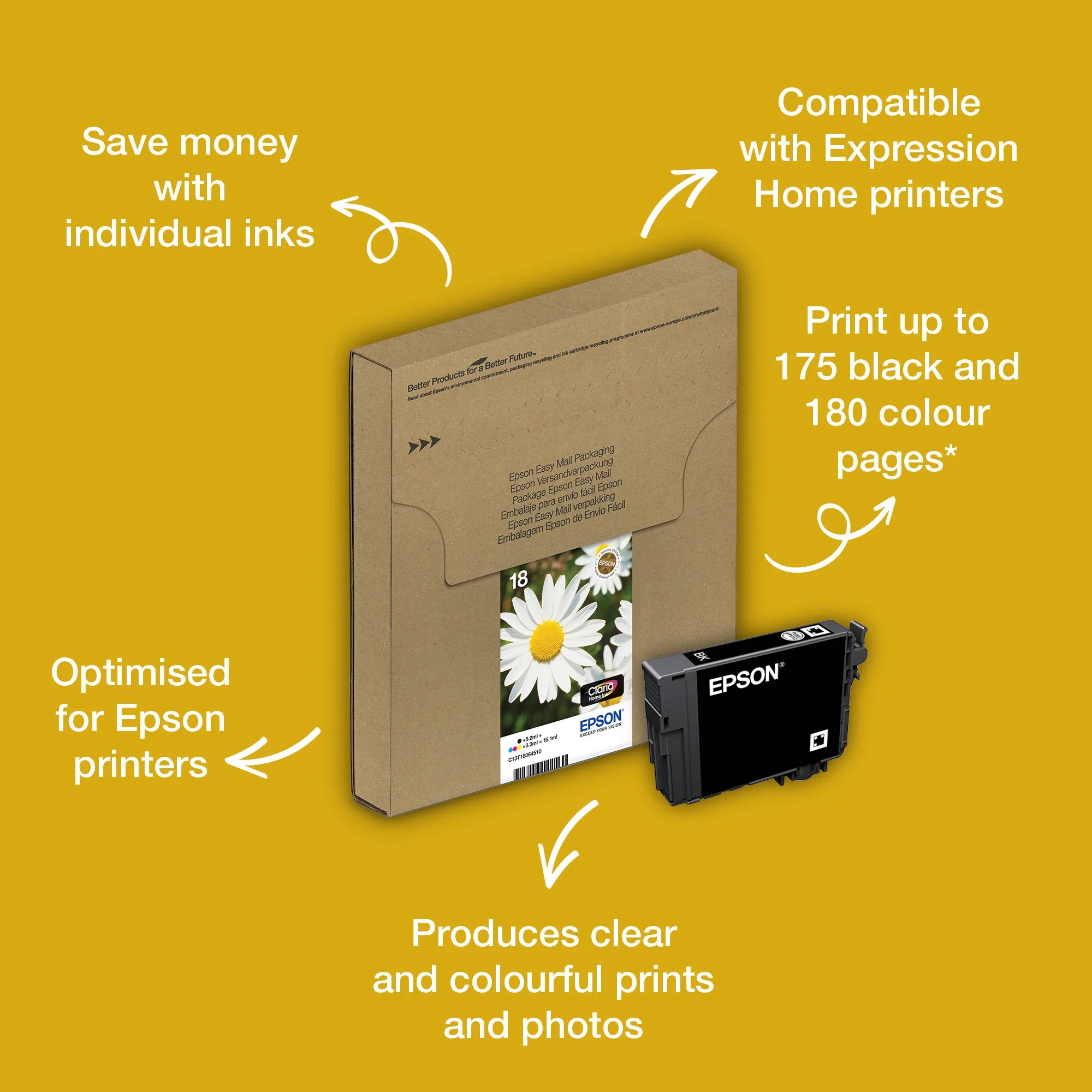 Epson T1806 EasyMail Daisy CMYK -mustekasettipakkaus, moniv&auml;rinen, 4 kpl