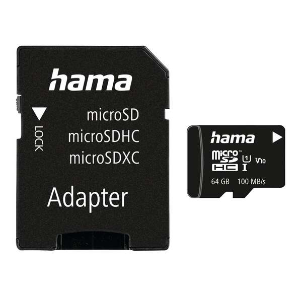 Hama 64 GB MicroSDXC UHS-I Class 10 V10 kort + SD-adapter, svart