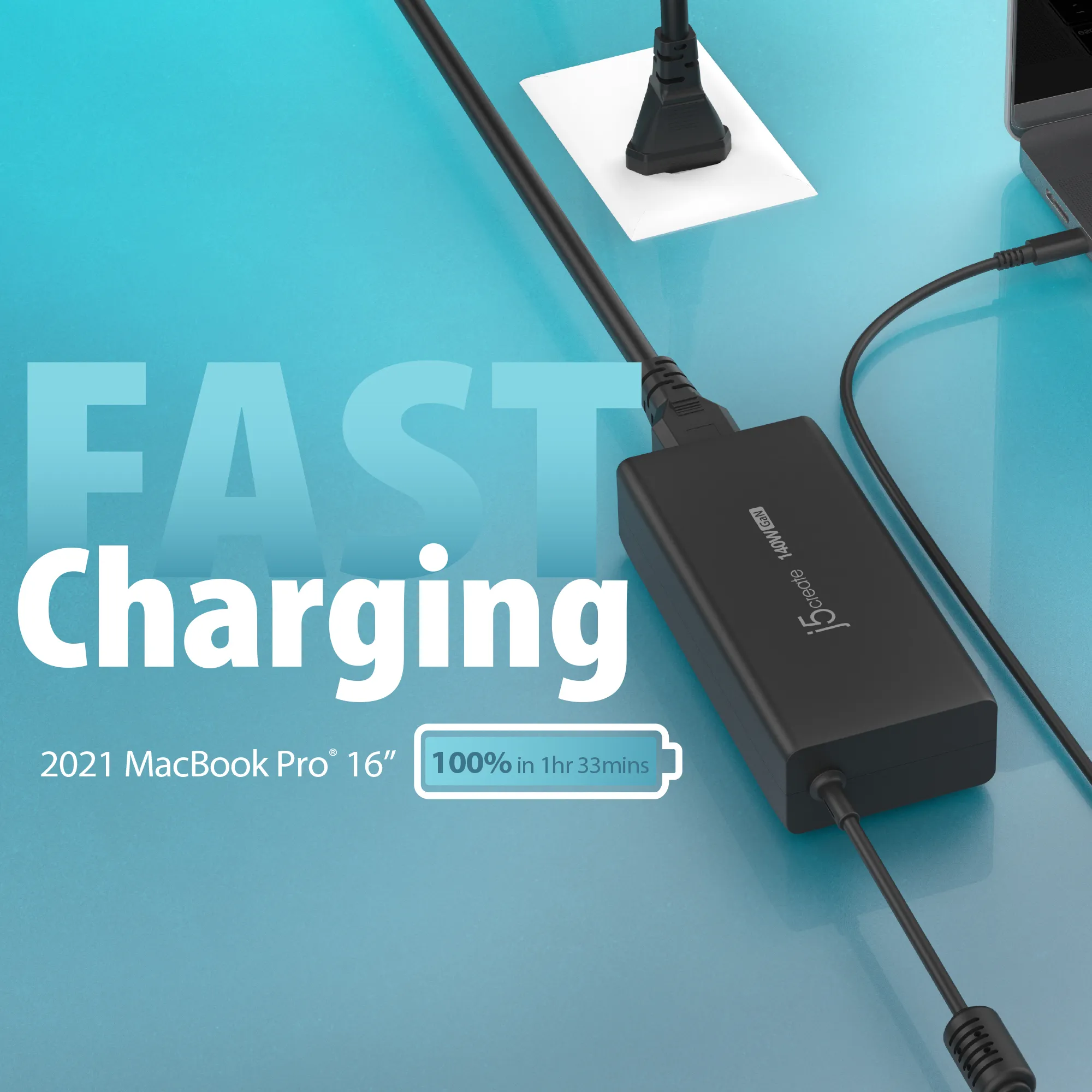 J5 Create JUP17140-EN 140W GaN Power Delivery 3.1 USB-C - V&auml;ggladdare, Svart