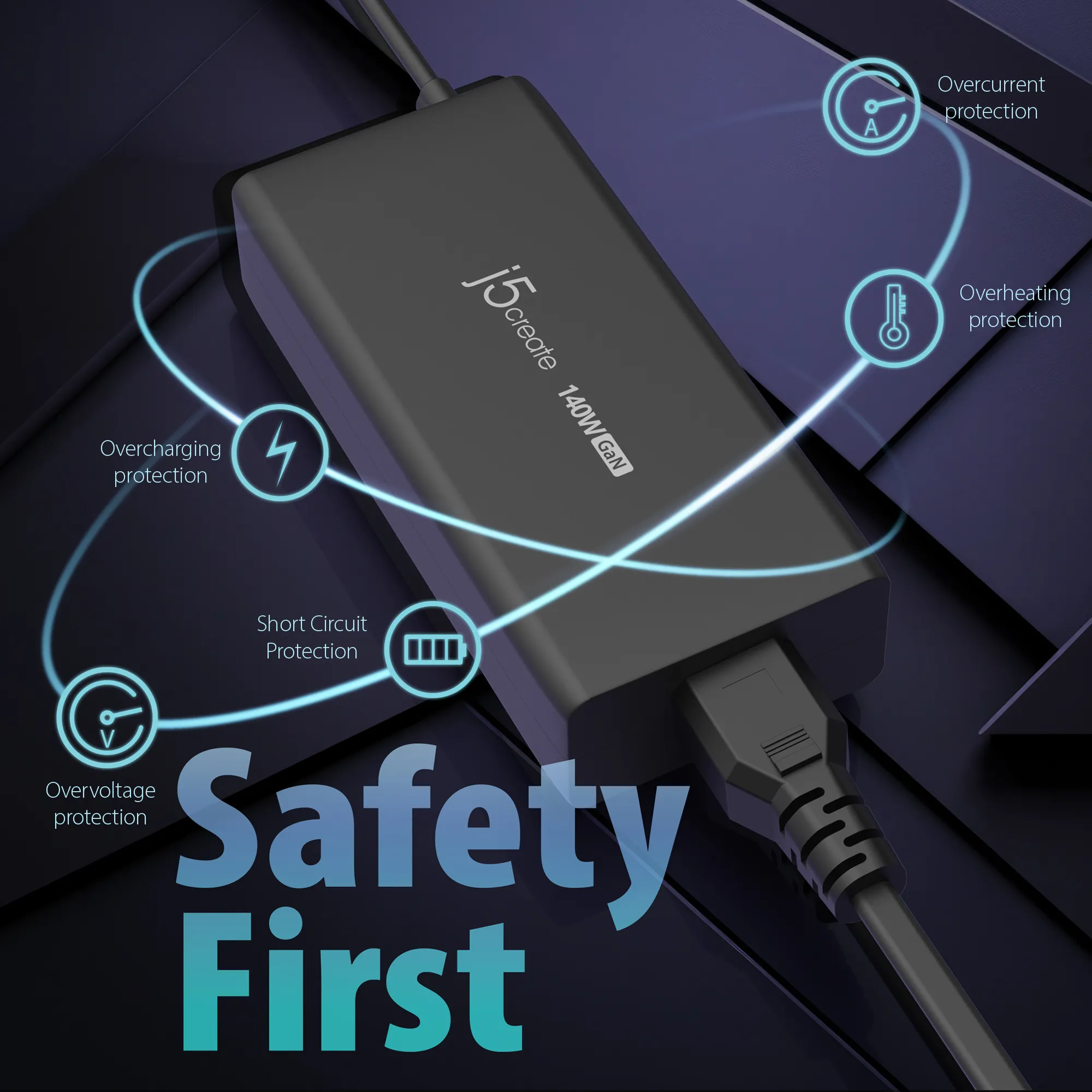 J5 Create JUP17140-EN 140W GaN Power Delivery 3.1 USB-C - V&auml;ggladdare, Svart